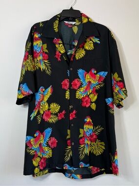 Alvish Men's 2XL Hawaiian Shirt Black Tropical Parrot Hibiscus Floral Aloha Camp